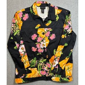 Morgan Cole Womens M Floral Button Front Jacket Black Yellow‎ Pink Ramie Blend